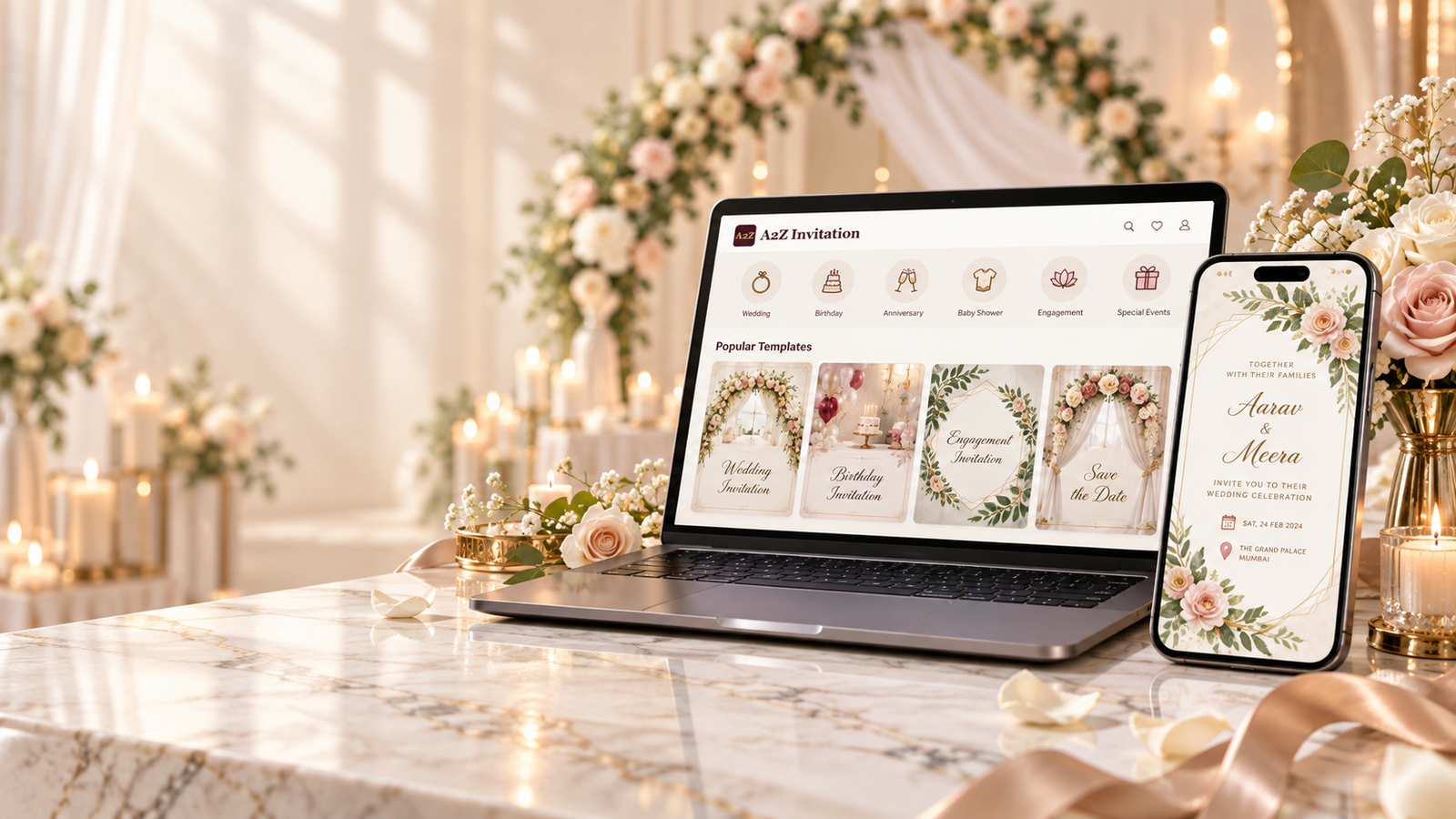 Personal invitation websites displayed on a laptop and phone