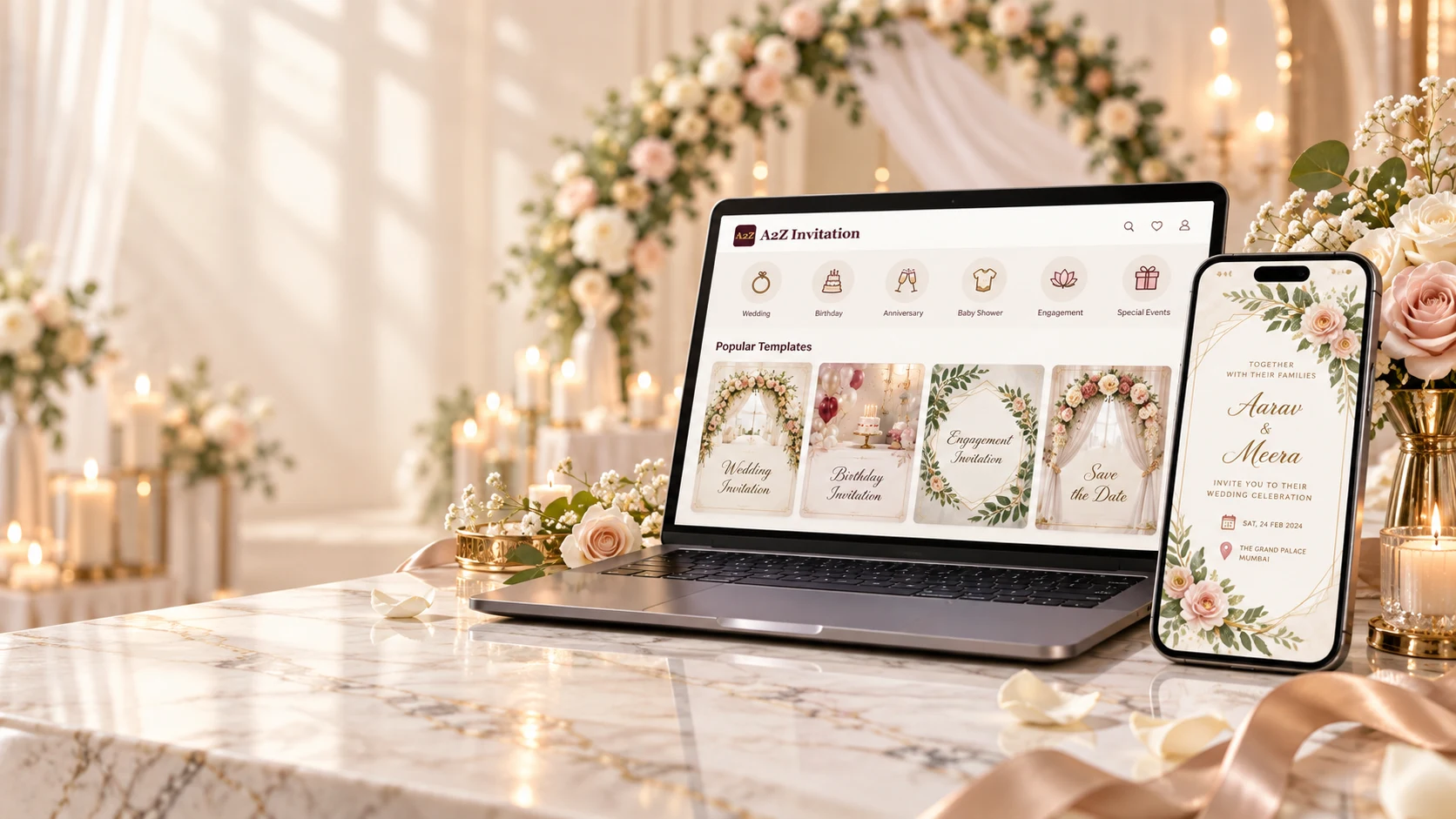 Personal invitation websites displayed on a laptop and phone